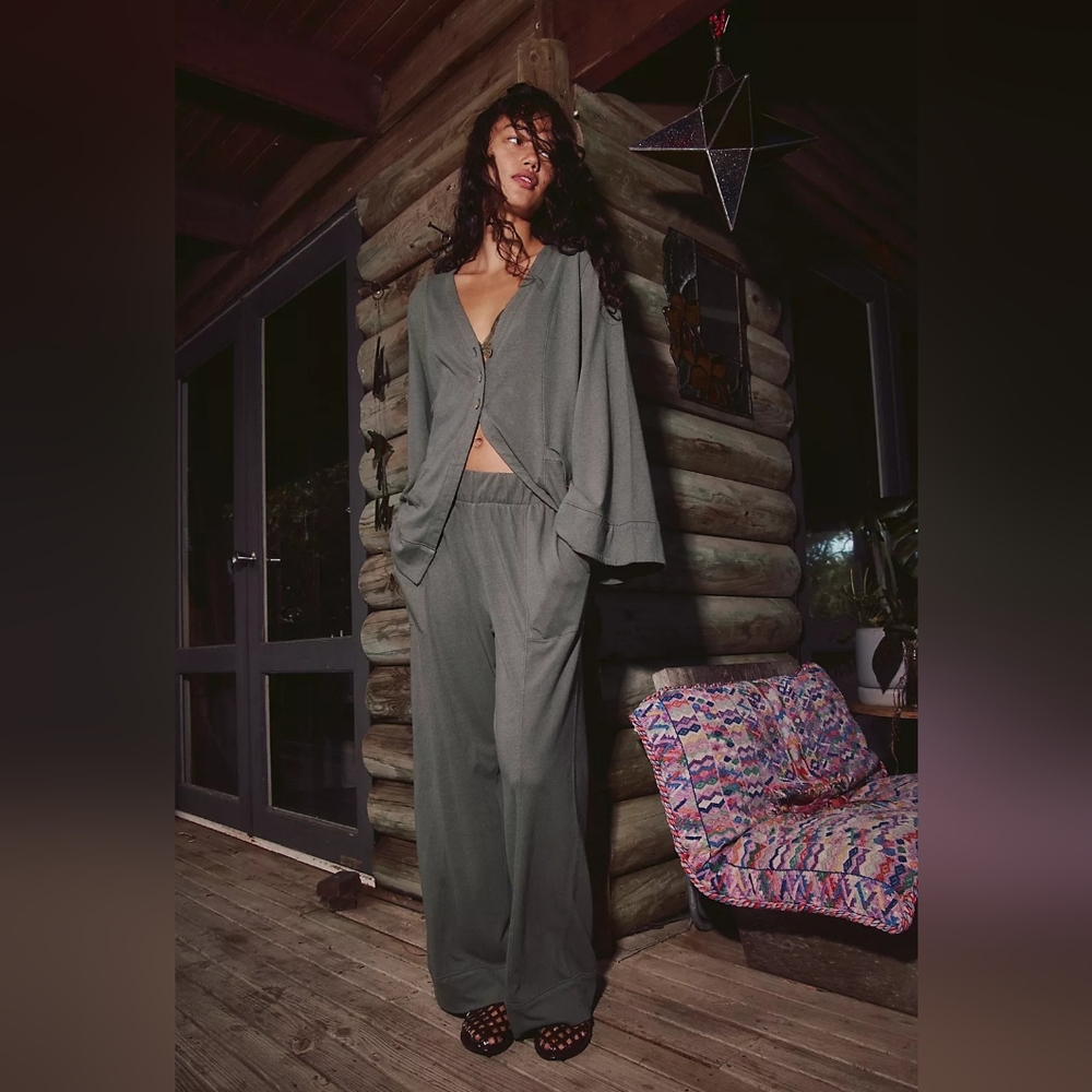 Relaxed Wide-Leg Lounge Set - Olive Green